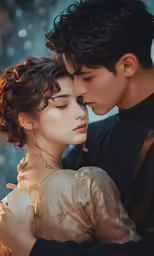 two people are kissing in front of a window