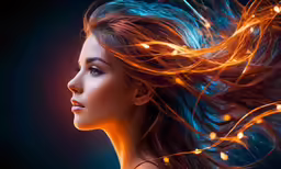 a beautiful woman with long red hair and some strings of light shining in the background