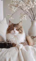 a large brown and white cat with a camera