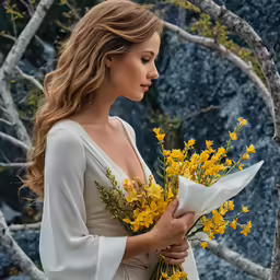 a woman with long hair holding a bouquet of yellow flowers
