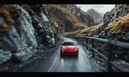a car driving down the road between a mountain