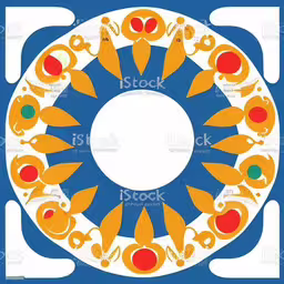 an orange and blue geometric motif with a circle surrounded by other circular elements