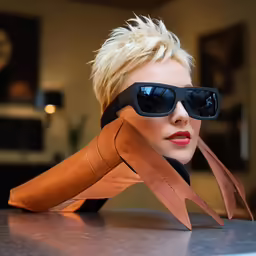 a blonde woman with sunglasses on sitting at a counter
