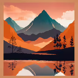 a painting of mountains reflected in water,the mountains, water and trees reflect in a small lake