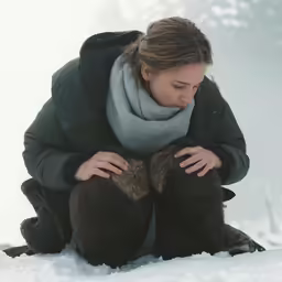 a woman is kneeling down in the snow next to a bear