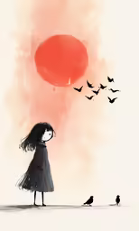 a young girl in a dress is looking up at the sun with birds flying around her