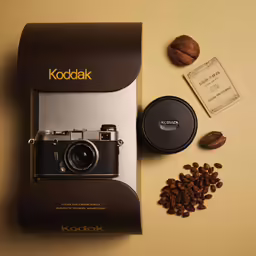 an old kodak camera sitting next to a box and nuts