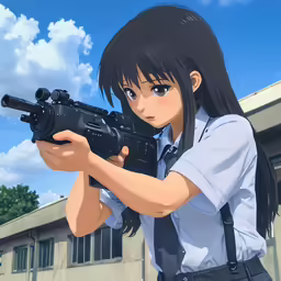 a woman in uniform holding a machine gun