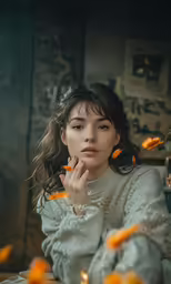 a woman in a white sweater standing by candles and orange petals