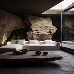 a couch with pillows and other items on the floor near rocks