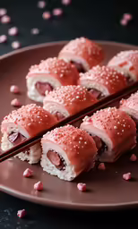 three pieces of sushi covered in pink powdered sugar and arranged with chopsticks
