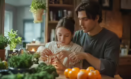 a man and a little girl sitting at a kitchen table