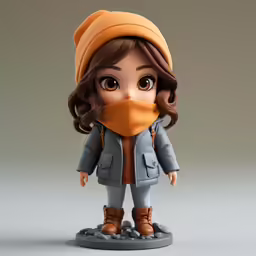 doll dressed in grey and brown clothes wearing a scarf
