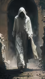 a man is walking in a ghost like outfit
