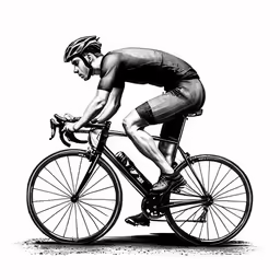 a black and white image of a man on a bike
