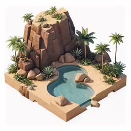 a small garden next to a pool surrounded by palm trees