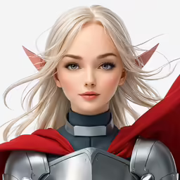 a woman in a armor and red cape