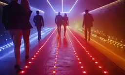 three people are walking in a tunnel with lights