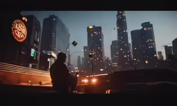 a man standing on a corner looking at a city