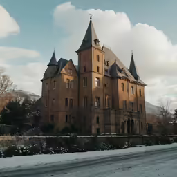 a large building is covered in snow as the sky hovers low