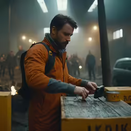 a man is at a table cutting wood