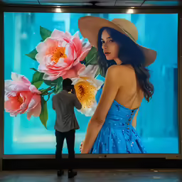 a person standing in front of a video with flowers on the screen