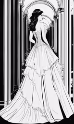 a bride in her wedding dress standing on the stairs,a black and white photo of an image of a woman in a gown