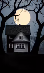 a house on a hill under the moon in the background
