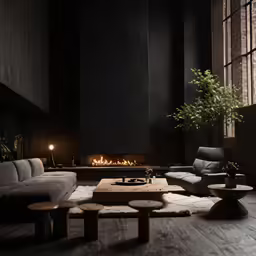 a room with two couches, a coffee table and a fire place