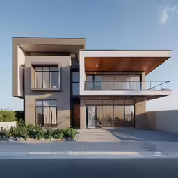 a very modern house with a balcony and large front porch