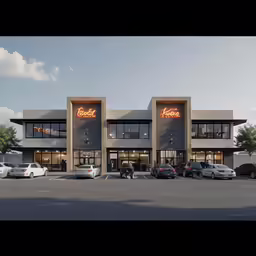 exterior of modern retail complex with car park