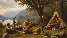 people camping in the woods with tent cooking and talking