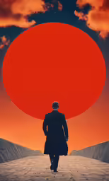 a man in a suit walks down a path next to a large red object