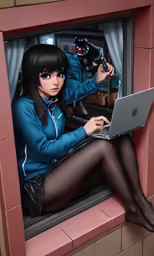 woman sitting on window sill with her laptop