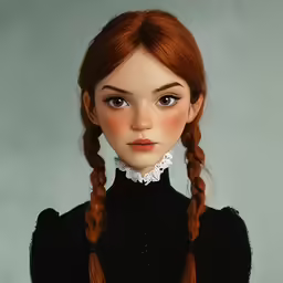 a girl is standing in a black shirt and braids with red hair