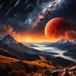 a bright red planets is over the mountains