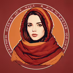 an orange and red circular with the image of a woman wearing a shawl,a painting of a woman wearing a red and orange scarf