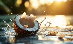 the coconut is sitting in the water