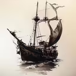 an old, black and white painting of a sailing ship in the ocean