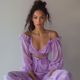 a woman sitting and wearing a purple dress,a model posing in a lavender dress