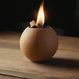 an oil candle that is sitting on a wooden table