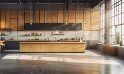 large open kitchen with windows and wooden cabinets