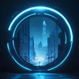 a neon city with buildings and blue lights in the center