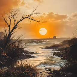 the sun shines on some beach with waves coming in