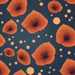 a pattern with orange and black flowers and polka dots on a blue background