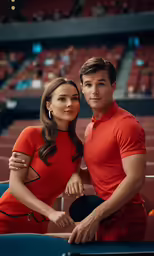 man and woman are posing on the stadium bleachers for a professional photograph