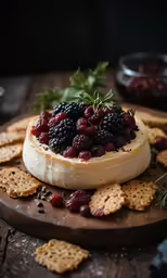 a cheese dish with berries and some crackers