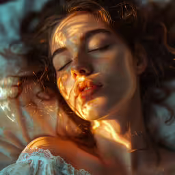 a woman is laying in a bed with her eyes closed,a woman laying on top of a bed covered in sunshine