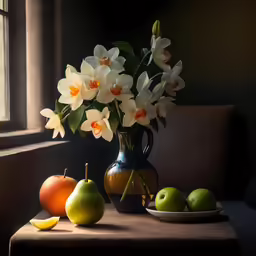 a vase with white flowers and yellow apples