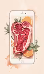 the smartphone is holding the raw meat on it